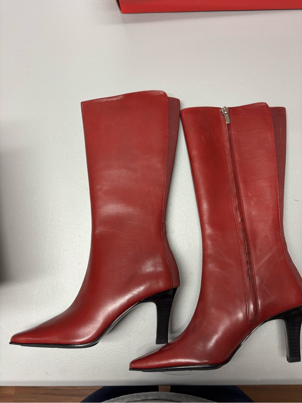 Anne Klein Red Leather Mid-Calf Heeled Boots